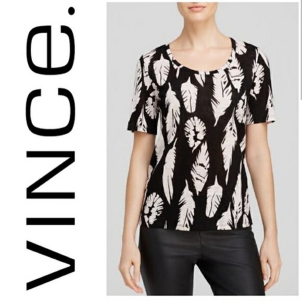 Vince Feather Print Linen Scoop Neck Top Size M